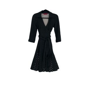 Melissa Masse Women's Black Polka Dot Collared A-Line Wrap Dress Size XS